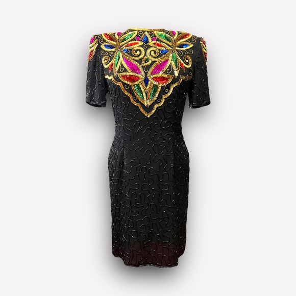 VINTAGE STENAY 1990s SILK AND SEQUIN BEADED BLACK COCKTAIL DRESS SIZE ME… - Picture 10 of 14